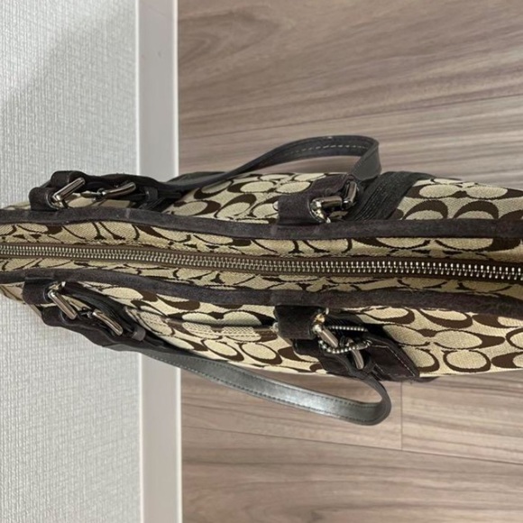 Coach Signature C Khaki Tote Jacquard Beaded Brown Suede Shoulder Bag #8K53 - Picture 15 of 16